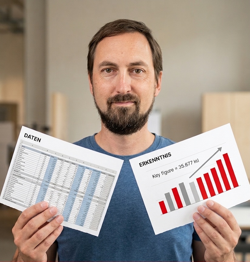 Georg_Daten Ein Mann mit Bart hält zwei Blätter in die Höhe, eines enthält unübersichtliche Tabellen, das andere eine übersichtliches Diagramm